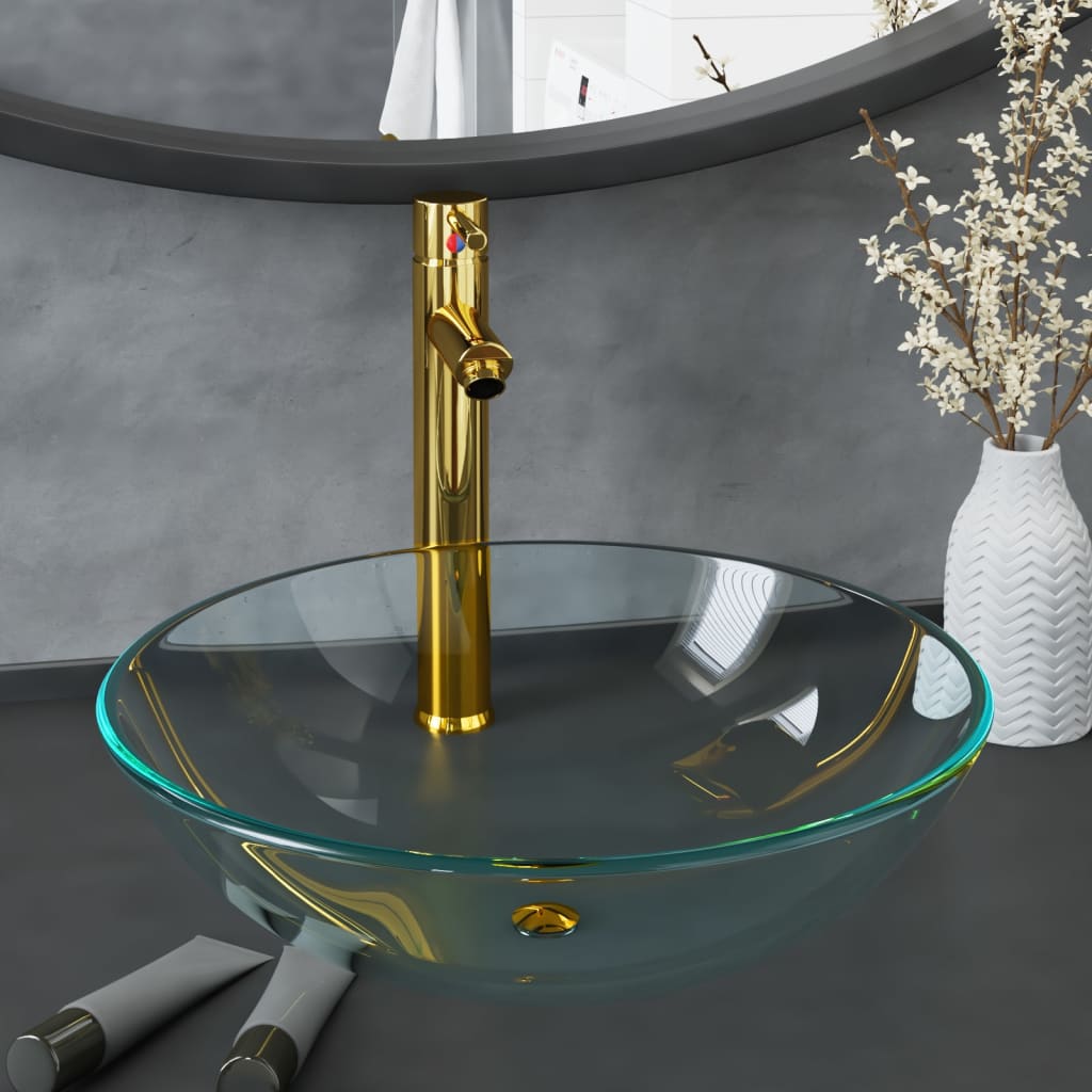 Waschbecken mit Armatur und Ablaufgarnitur Hartglas