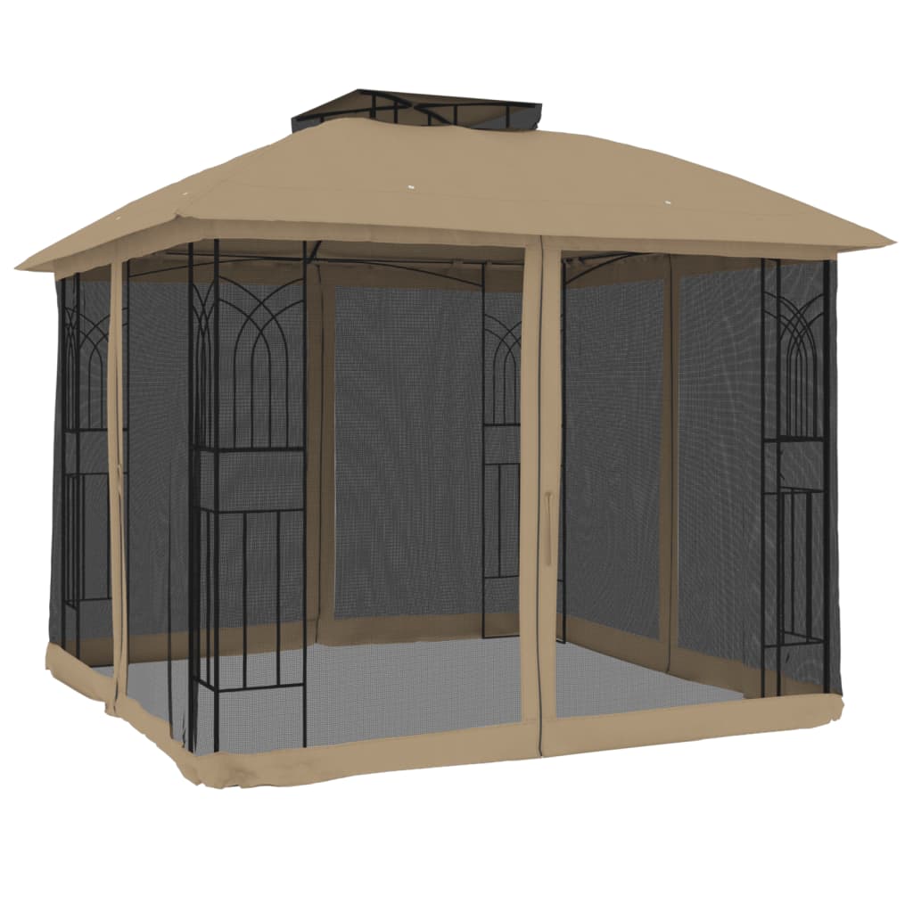 Pavillon mit Doppeldach & Netzwänden Creme 2,94x2,94 m Stahl