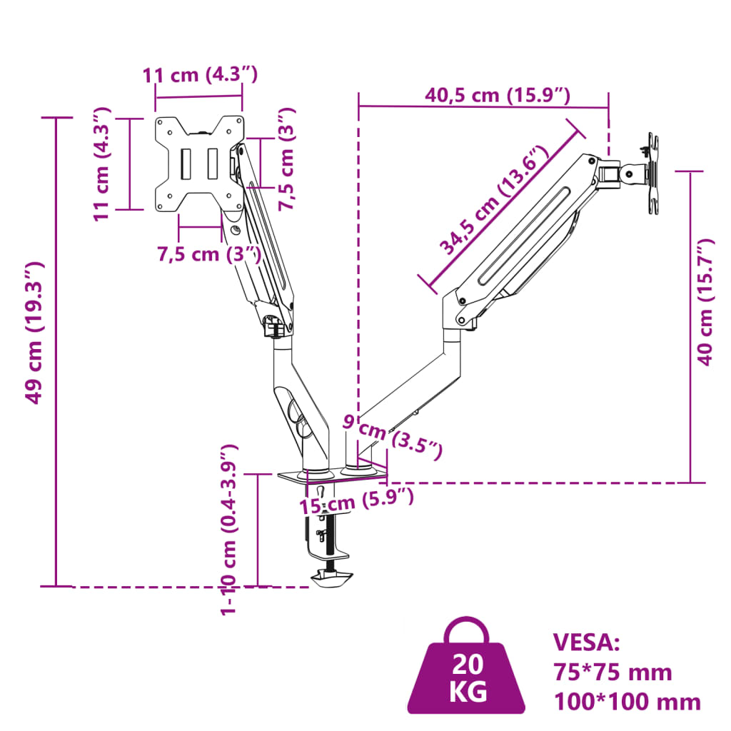 Monitorarm Einzeln für Max 27 Zoll Gasfeder 10 kg