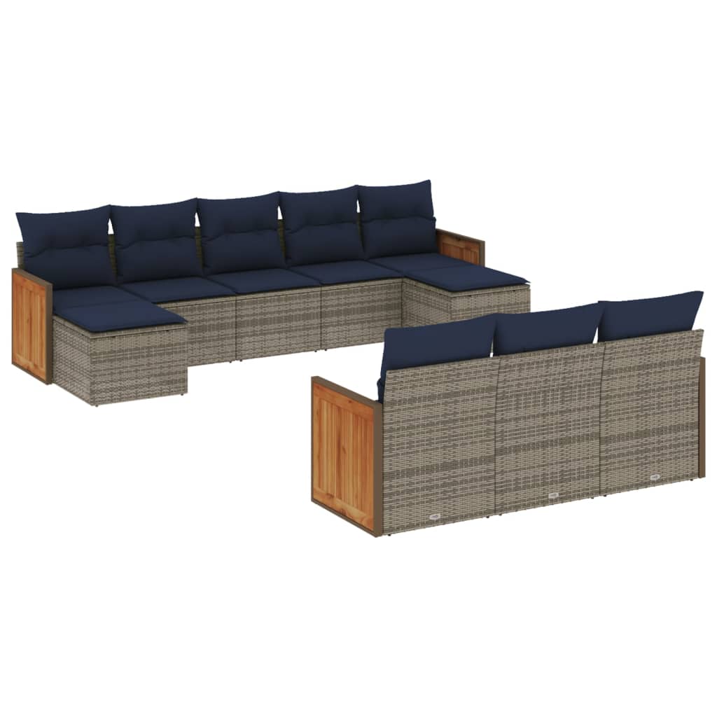10-teiliges Gartensofa-Set mit Kissen, schwarzes Polyrattan