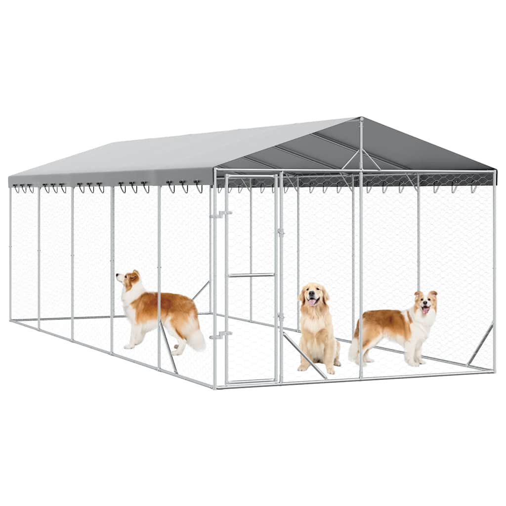 Outdoor-Hundezwinger mit Dach Silber 3x1,5x2,5m Stahl Verzinkt