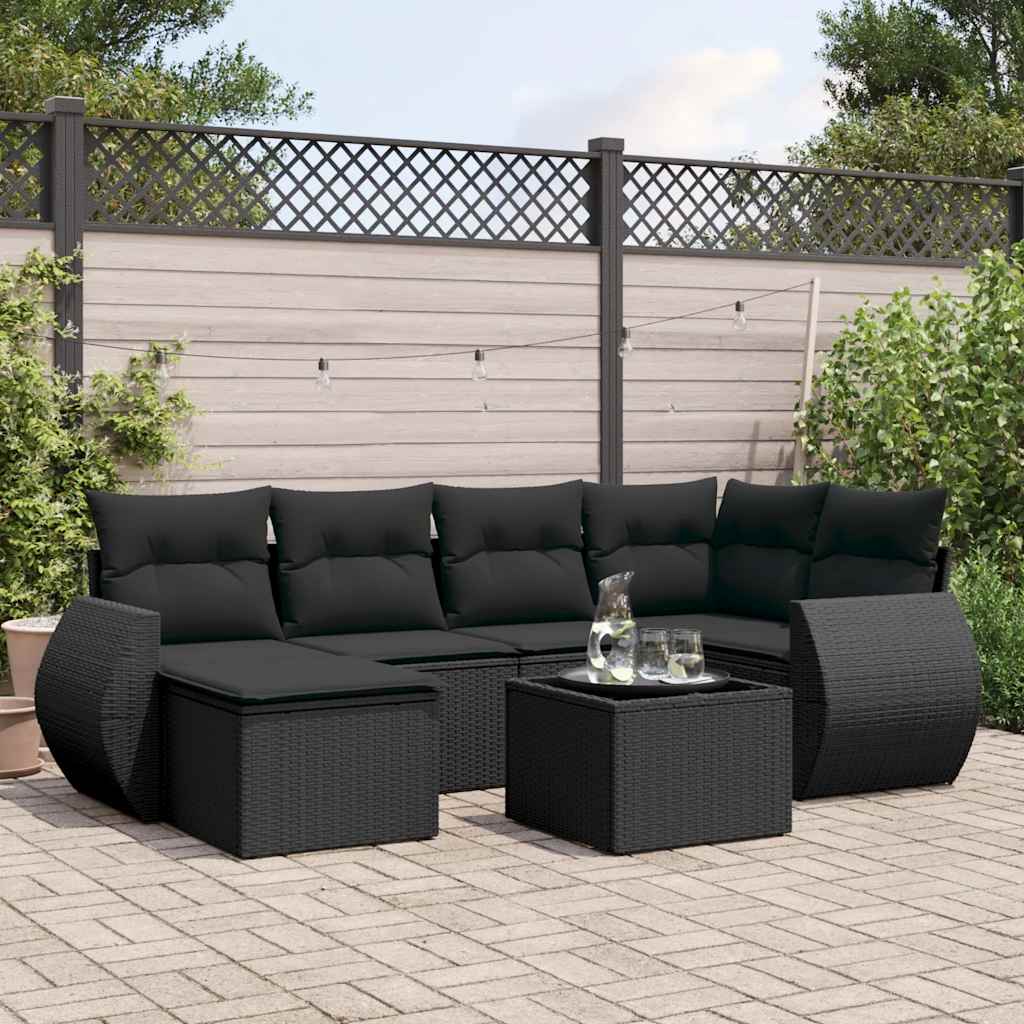 6-tlg. Garten-Sofagarnitur mit Kissen Schwarz Poly Rattan