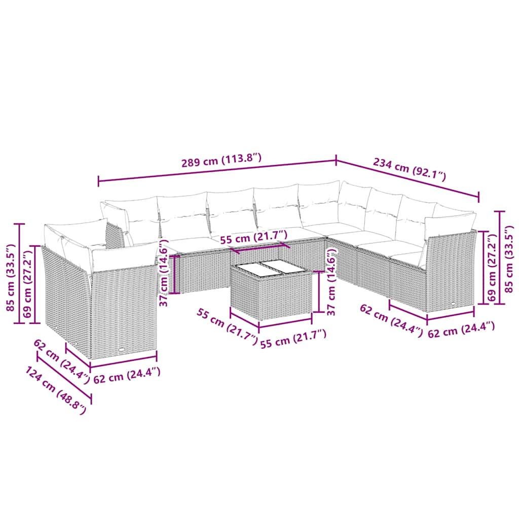 10-tlg. Garten-Sofagarnitur mit Kissen Schwarz Poly Rattan