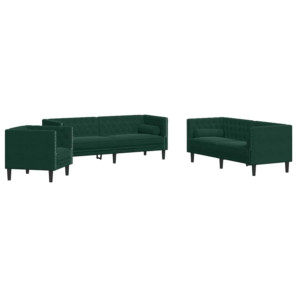 3-tlg. Chesterfield-Sofa-Set mit Nackenrollen Hellgrau Samt