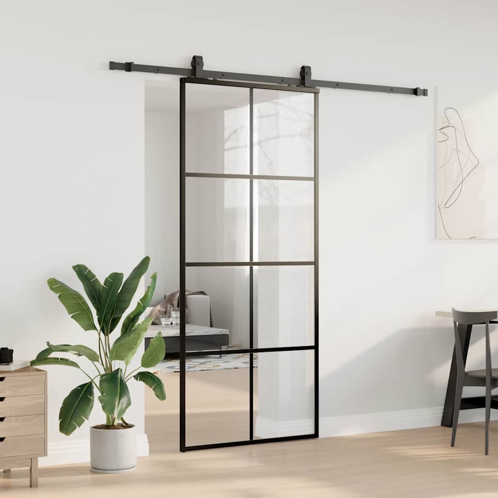 Schiebetür mit Beschlag Schwarz 76x205 cm ESG-Glas