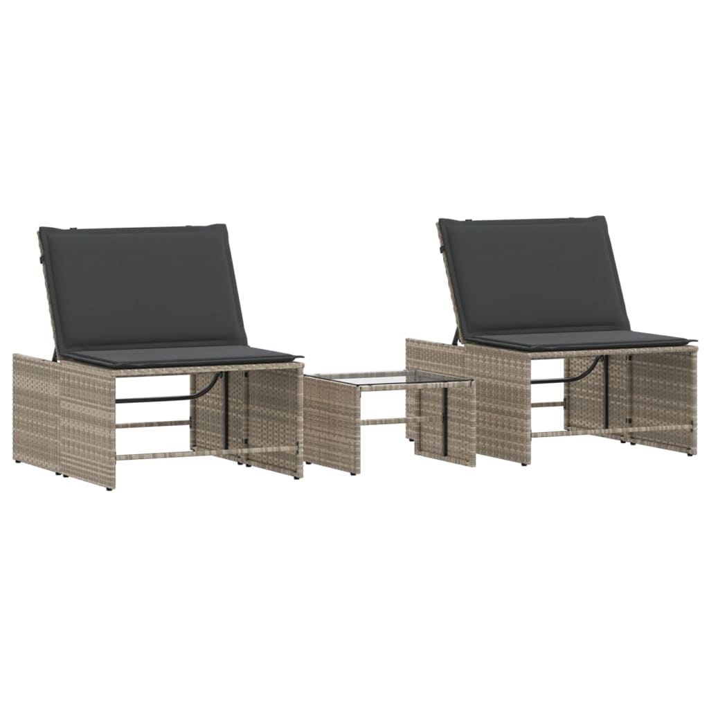 Modulare Sonnenliegen 2 Stk. mit Tisch Schwarz Poly Rattan