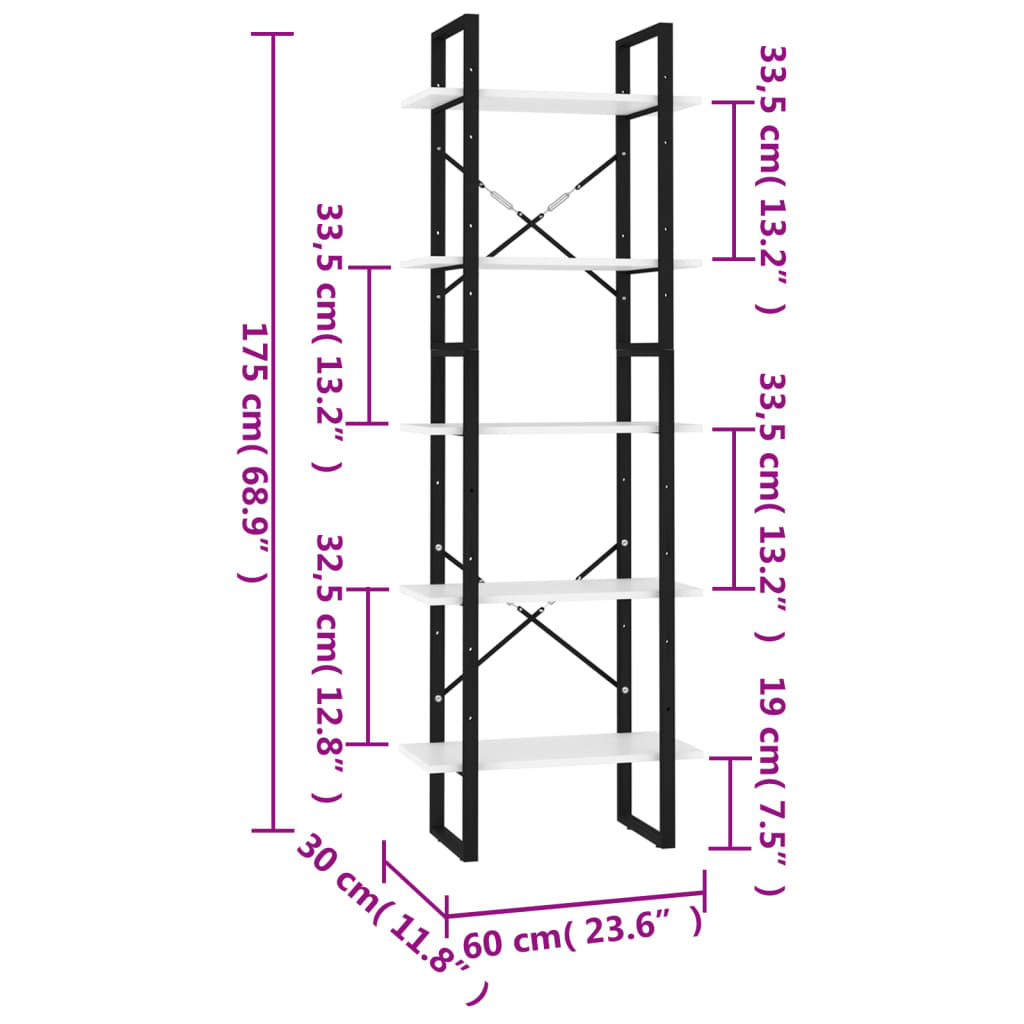 Bücherregal 5 Fächer Weiß 40x30x175 cm Holzwerkstoff
