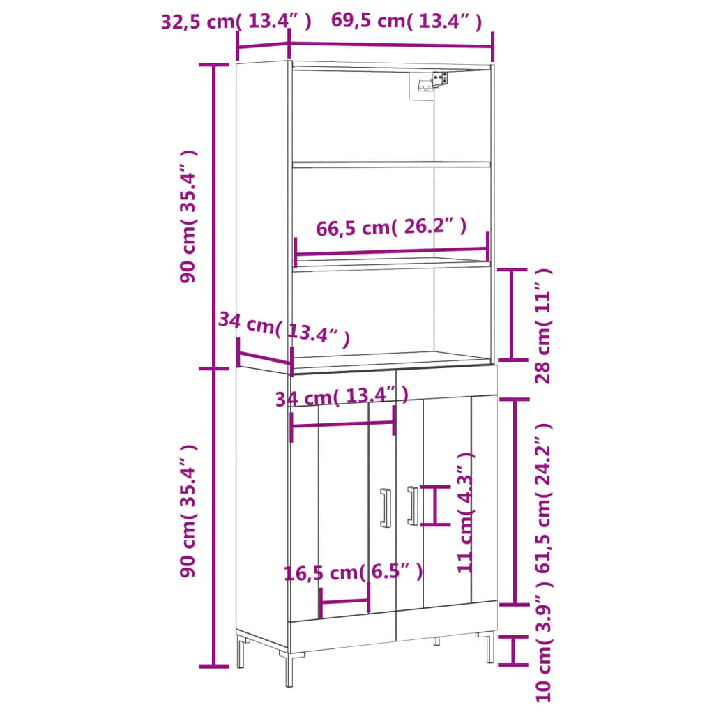 Highboard Hochglanz-Weiß 69,5x34x180 cm Holzwerkstoff