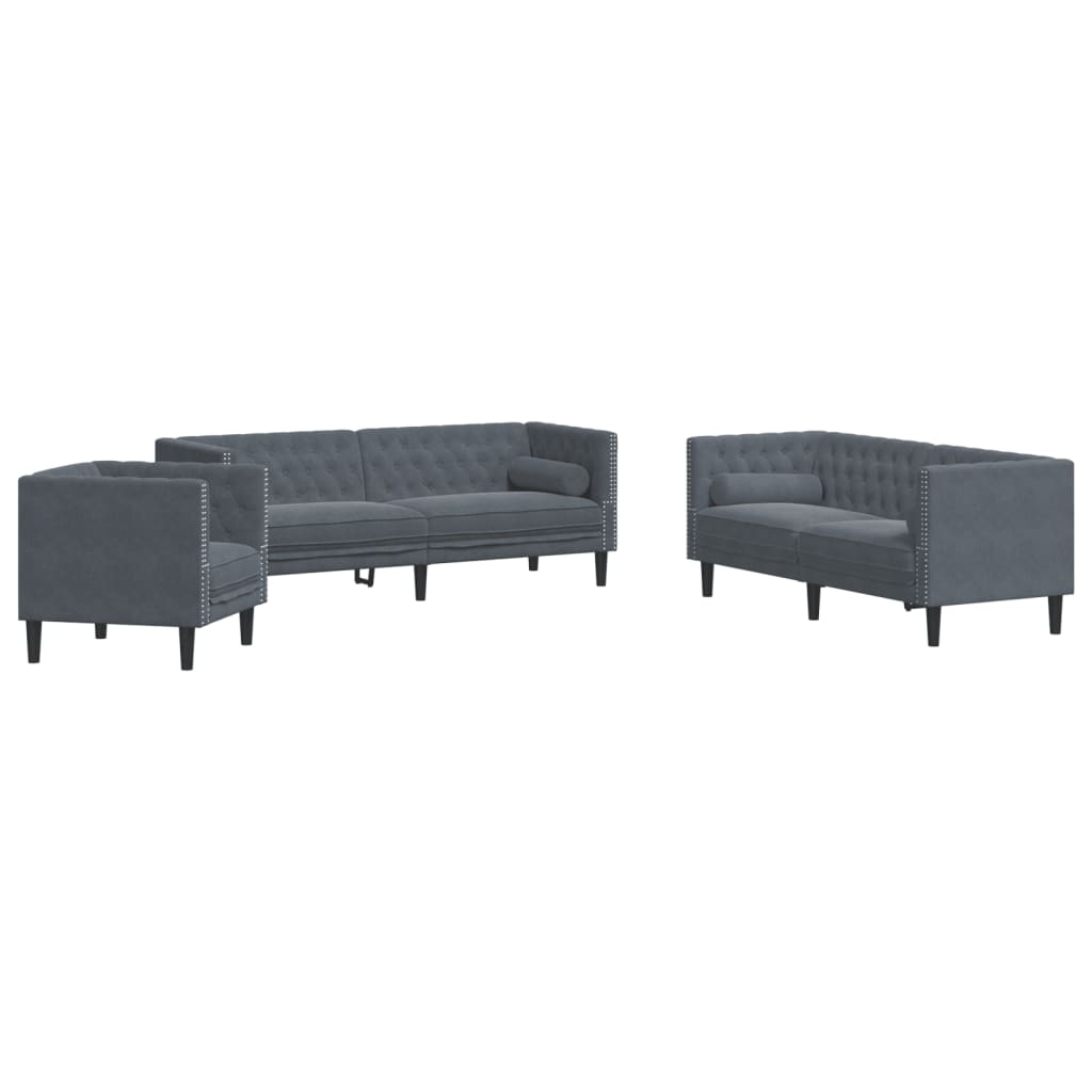 3-tlg. Chesterfield-Sofa-Set mit Nackenrollen Hellgrau Samt