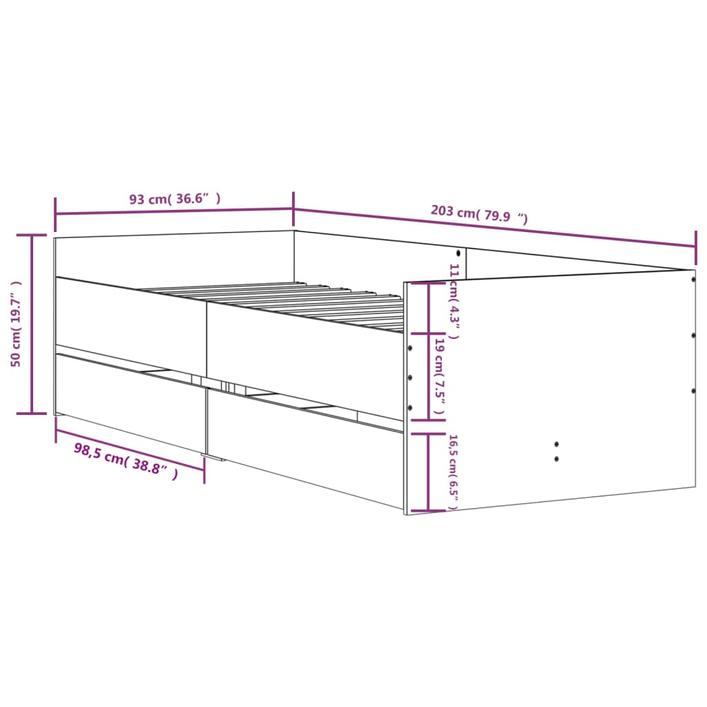 Bett mit Schubladen Braun Eiche-Optik 75x190 cm