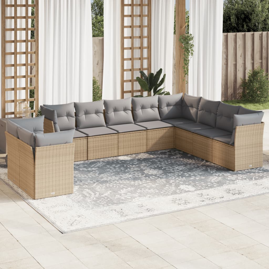 10-tlg. Garten-Sofagarnitur mit Kissen Schwarz Poly Rattan