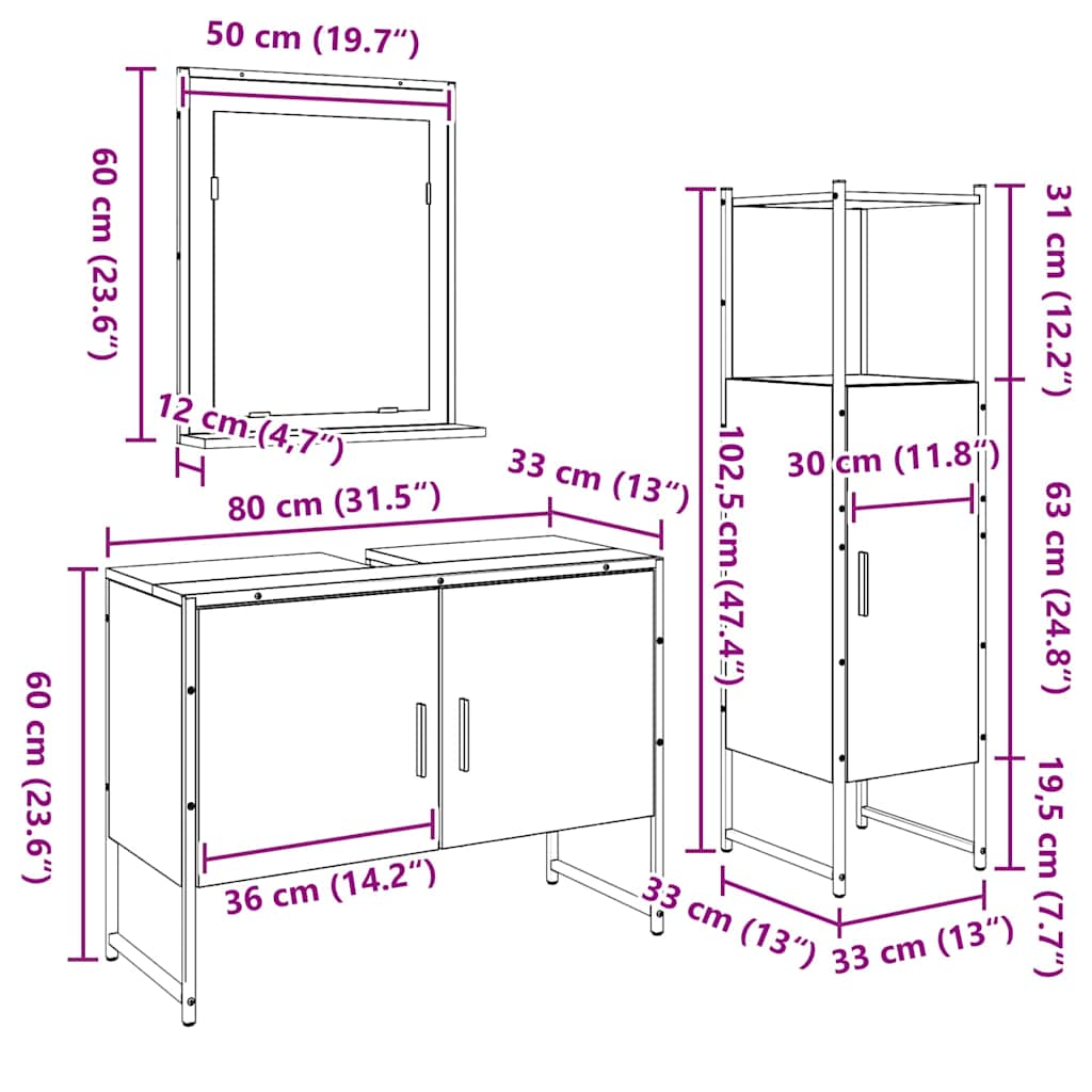 3-tlg. Badmöbel-Set Räuchereiche Holzwerkstoff