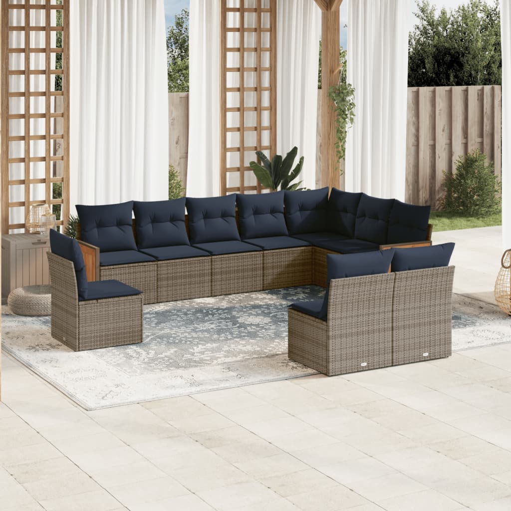 10-teiliges Gartensofa-Set mit Kissen, schwarzes Polyrattan