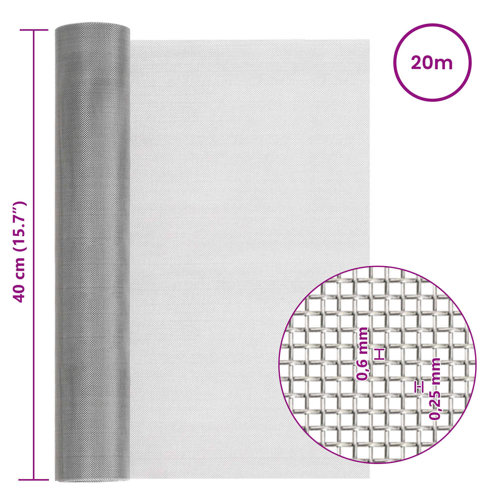 Mesh Bildschirm 20 x 500 cm 20 Mesh Edelstahl 201 Silber