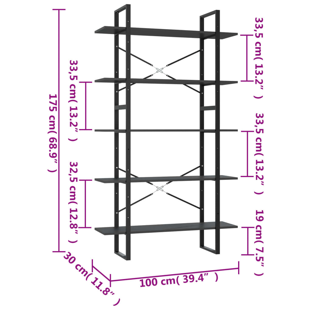 Bücherregal 5 Fächer Weiß 40x30x175 cm Holzwerkstoff