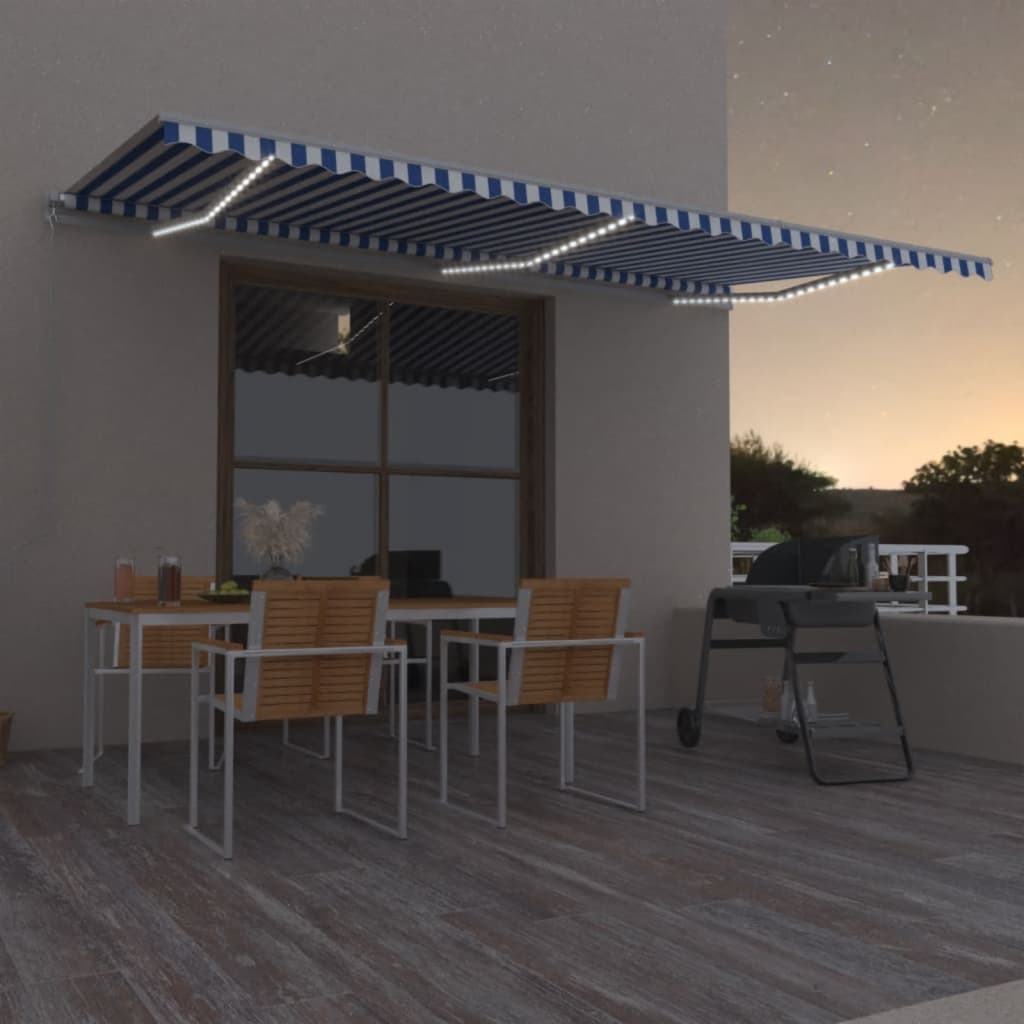 Markise Manuell Einziehbar mit LED 300x250 cm Blau und Weiß