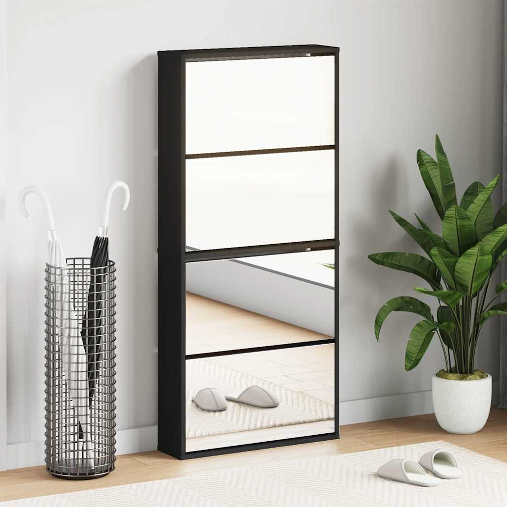 Schuhschrank mit 4 Fächern Spiegel Eiche 63×17×134 cm