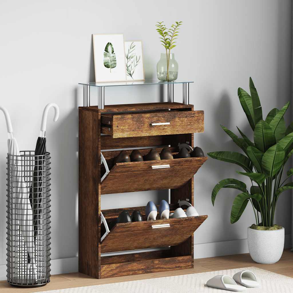 Schuhschrank mit Schubfach und oberem Glasregal Holz Weiß