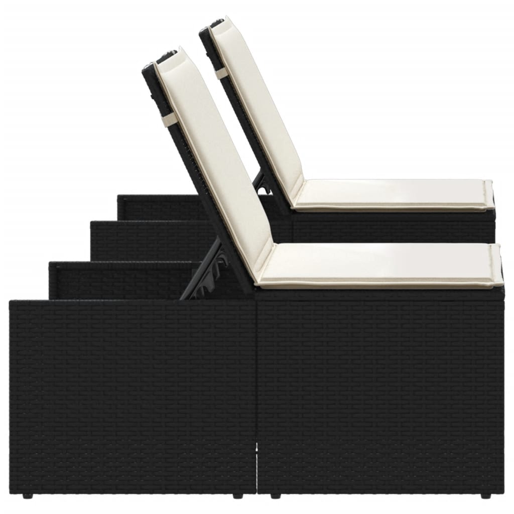 Modulare Sonnenliegen 2 Stk. mit Tisch Schwarz Poly Rattan