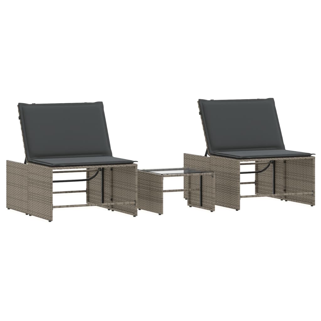 Modulare Sonnenliegen 2 Stk. mit Tisch Schwarz Poly Rattan