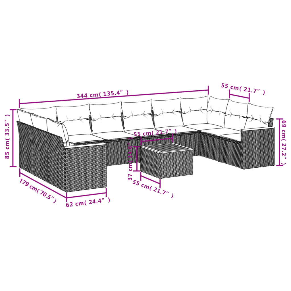 10-tlg. Garten-Sofagarnitur mit Kissen Schwarz Poly Rattan