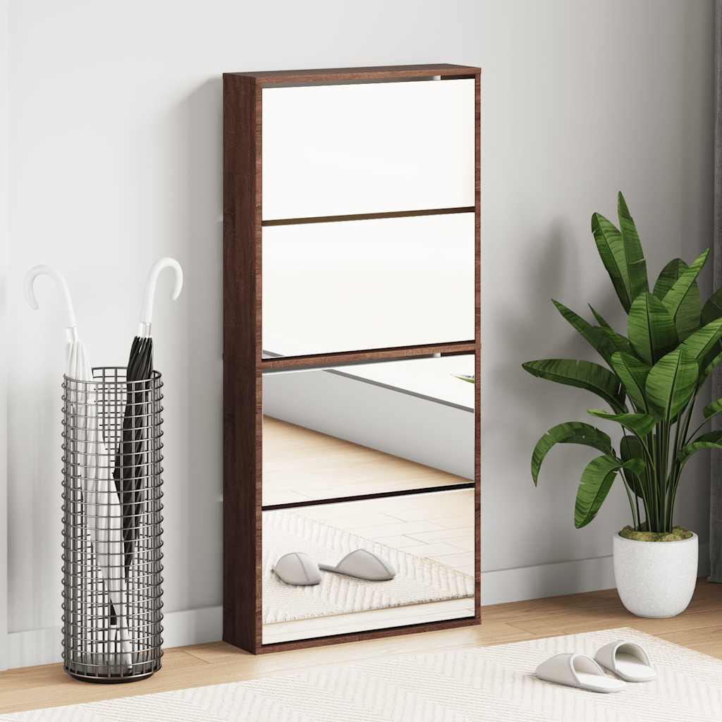 Schuhschrank mit 4 Fächern Spiegel Eiche 63×17×134 cm