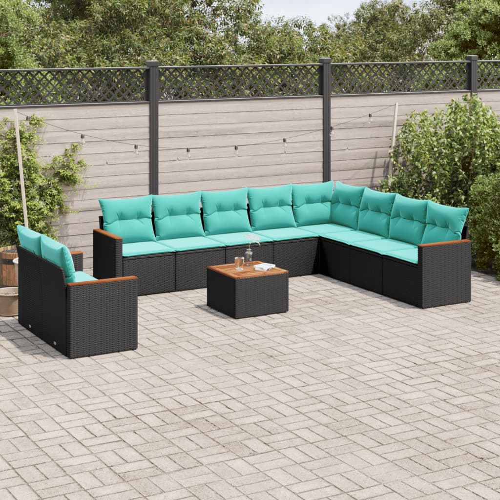 10-teiliges Gartensofa-Set mit Kissen, schwarzes Polyrattan