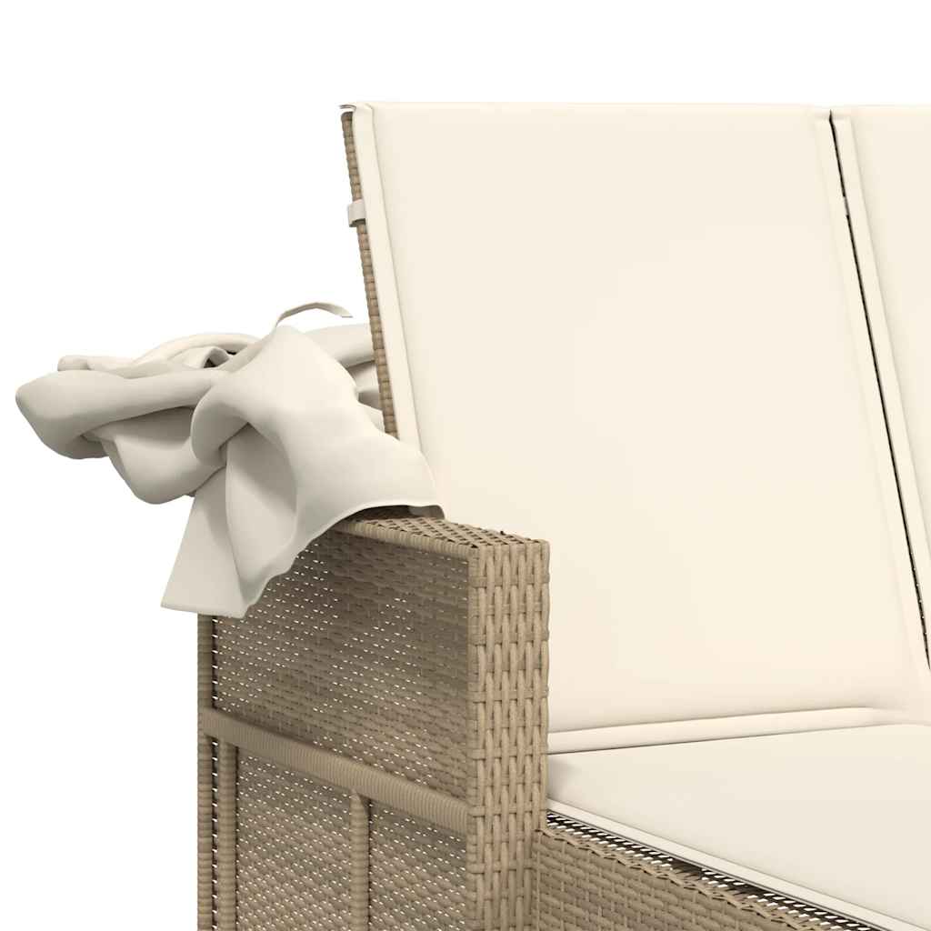 Doppel-Sonnenliege mit Dach und Auflagen Schwarz Poly Rattan