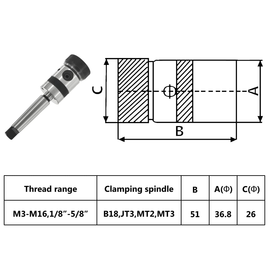 Bohrfutter B16 mit MT2-Schaft für Innengewinde M2-M13