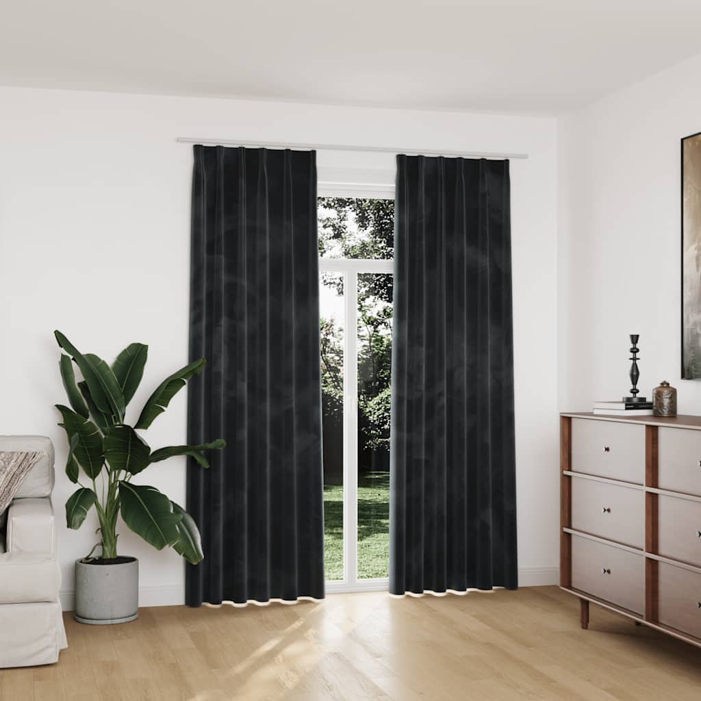 Verdunkelungsvorhänge mit Haken 2 Stk. Samt Schwarz 140x175 cm
