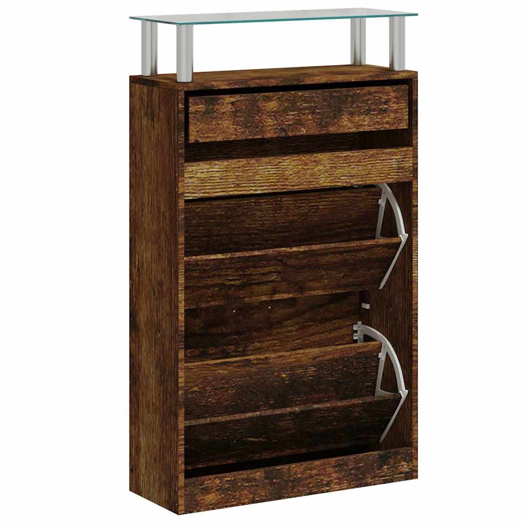 Schuhschrank mit Schubfach und oberem Glasregal Holz Weiß
