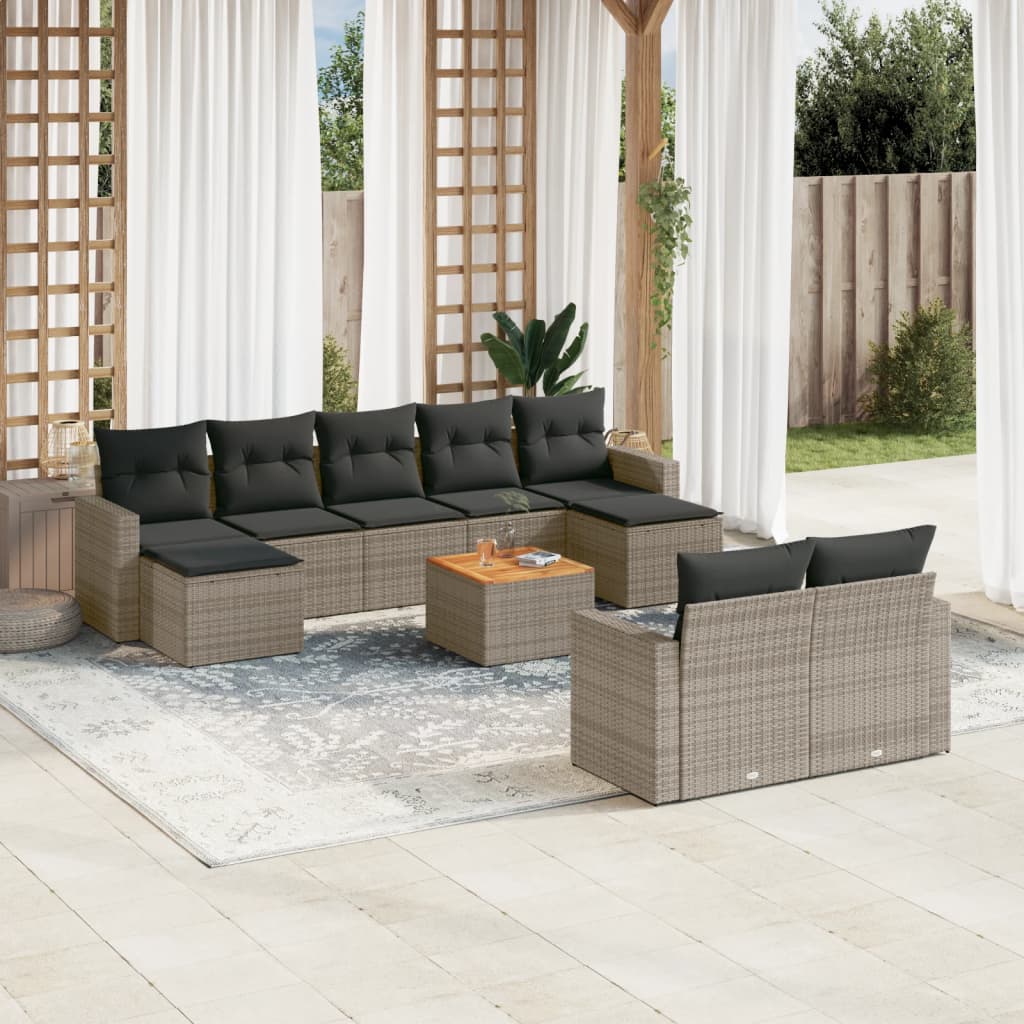 10-tlg. Garten-Sofagarnitur mit Kissen Schwarz Poly Rattan