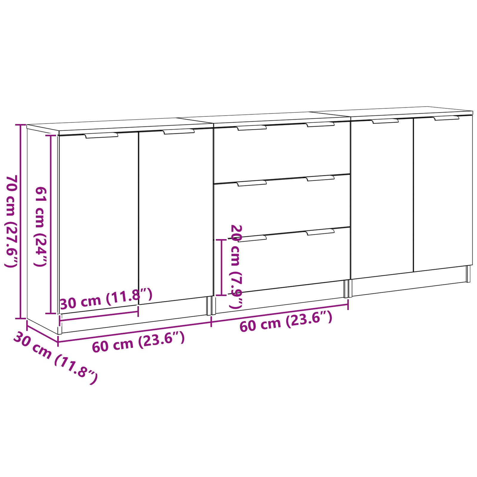 3-tlg. Sideboards Weiß Holzwerkstoff