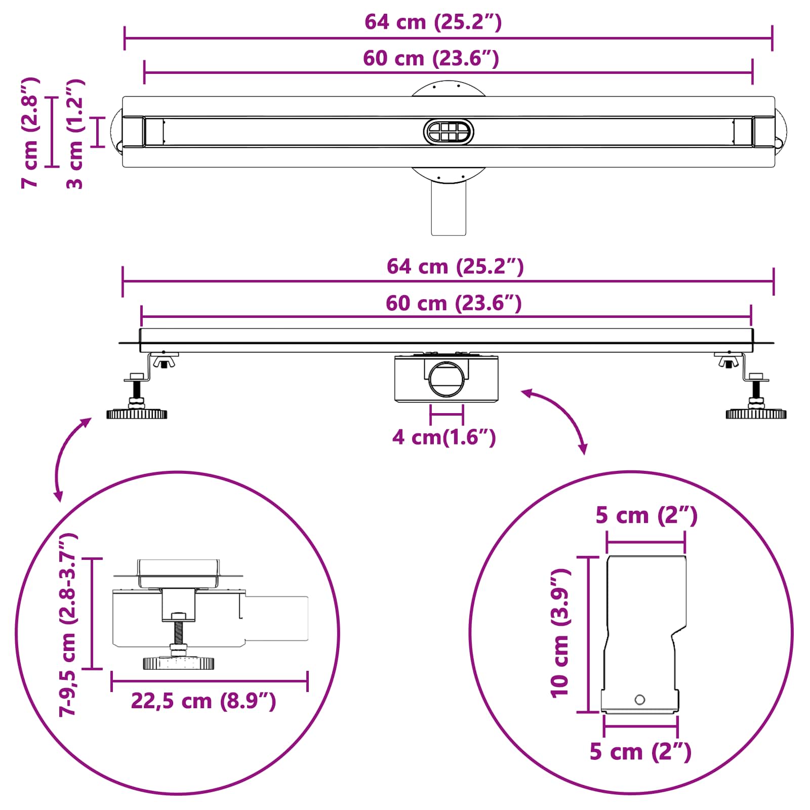 360° Duschablauf mit slim Modell Silber 50 cm Edelstahl 304