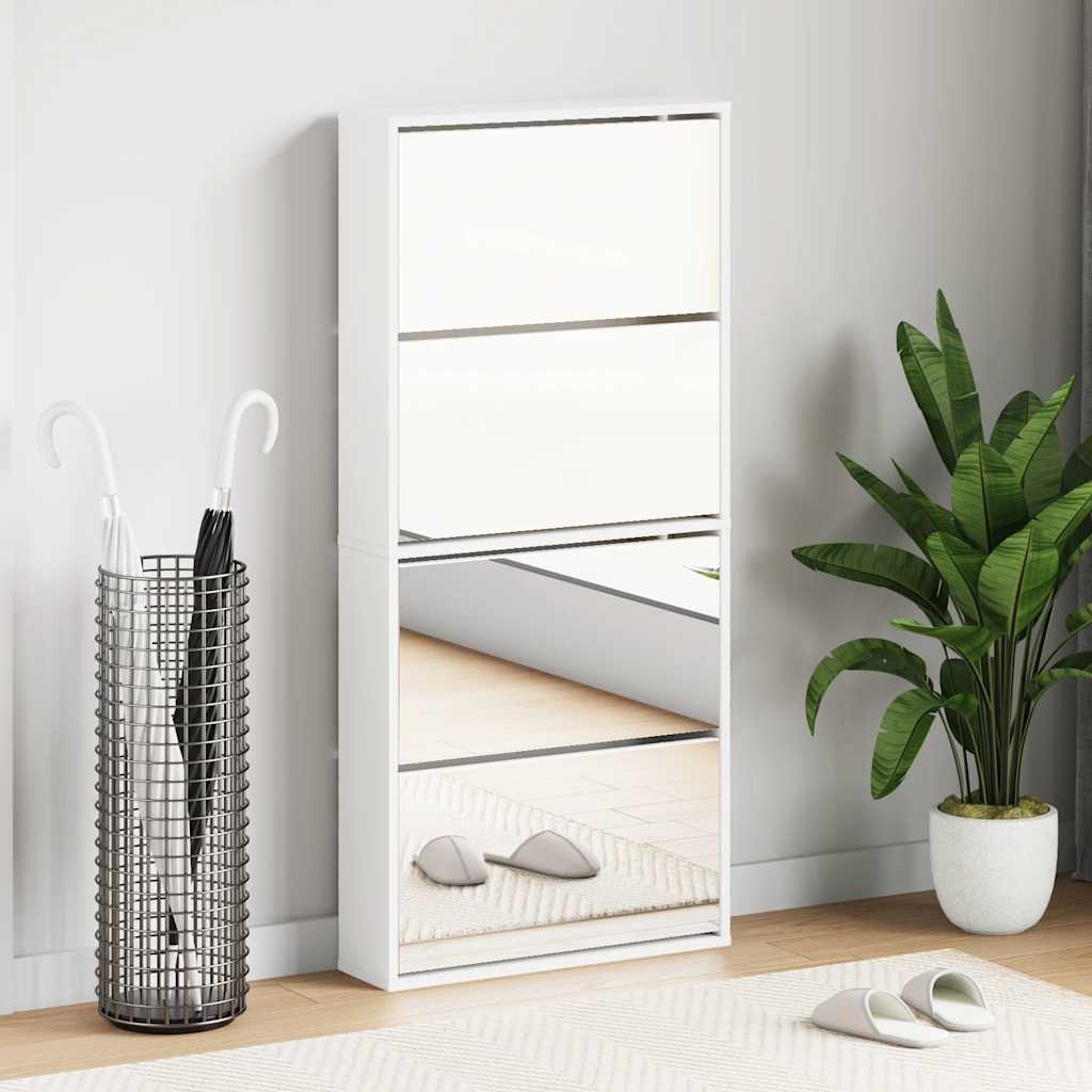 Schuhschrank mit 4 Fächern Spiegel Eiche 63×17×134 cm