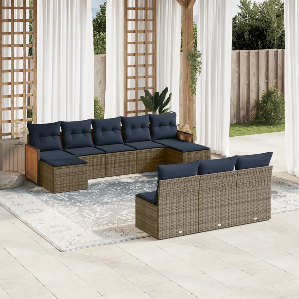 10-teiliges Gartensofa-Set mit Kissen, schwarzes Polyrattan