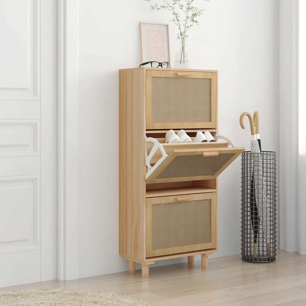 Schuhschrank Weiß 52x25x115 cm Holzwerkstoff & Rattan Natur