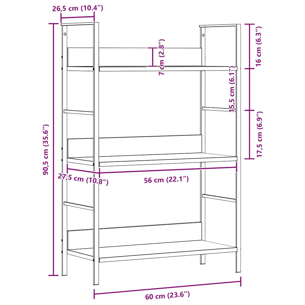 Bücherregal 3 Regalböden Schwarz 60×27,6×90,5 cm Holzwerkstoff