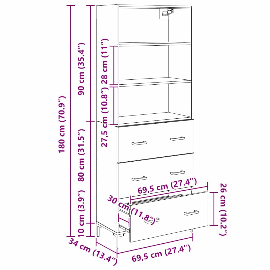 Highboard Hochglanz-Weiß 69,5x34x180 cm Holzwerkstoff