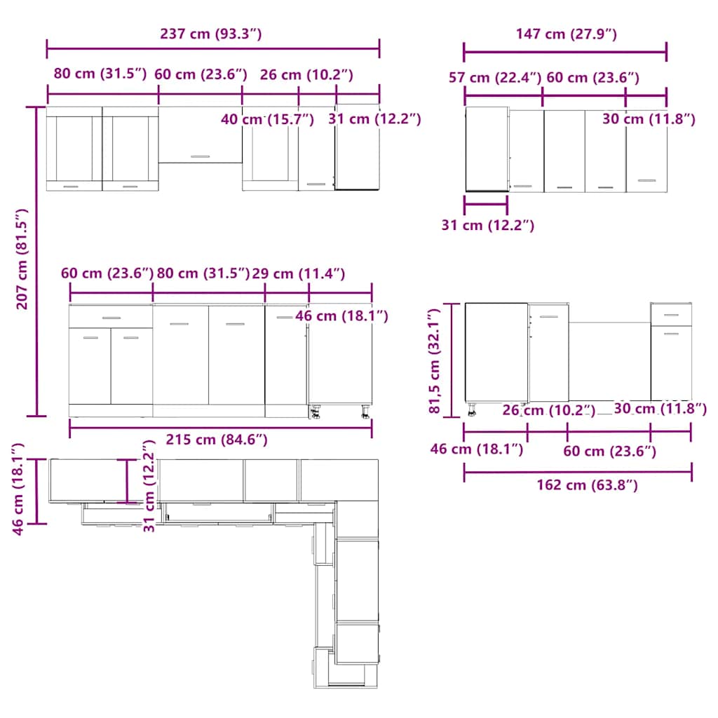 11-tlg. Küchenzeile Lyon Weiß Holzwerkstoff
