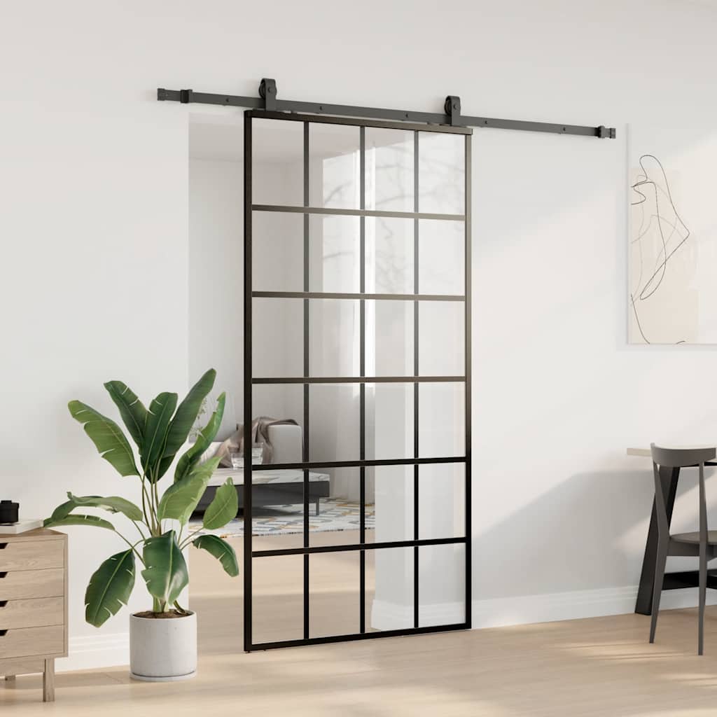Schiebetür mit Beschlag Schwarz 76x205 cm ESG-Glas