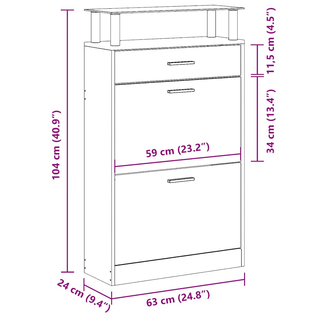 Schuhschrank mit Schubfach und oberem Glasregal Holz Weiß
