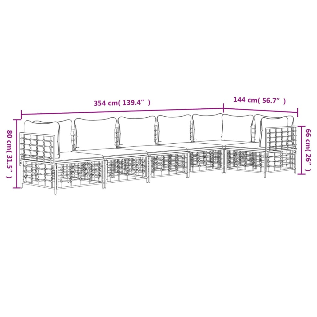 5-tlg. Garten-Lounge-Set mit Kissen Anthrazit Poly Rattan