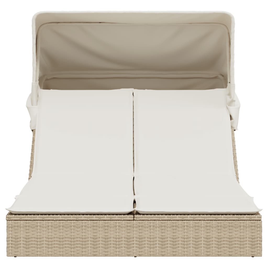Doppel-Sonnenliege mit Dach und Auflagen Braun Poly Rattan