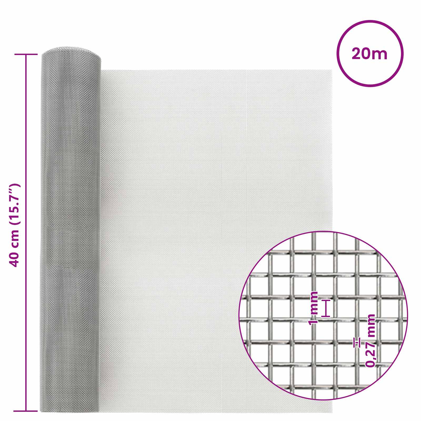 Mesh Bildschirm 20 x 500 cm 20 Mesh Edelstahl 201 Silber