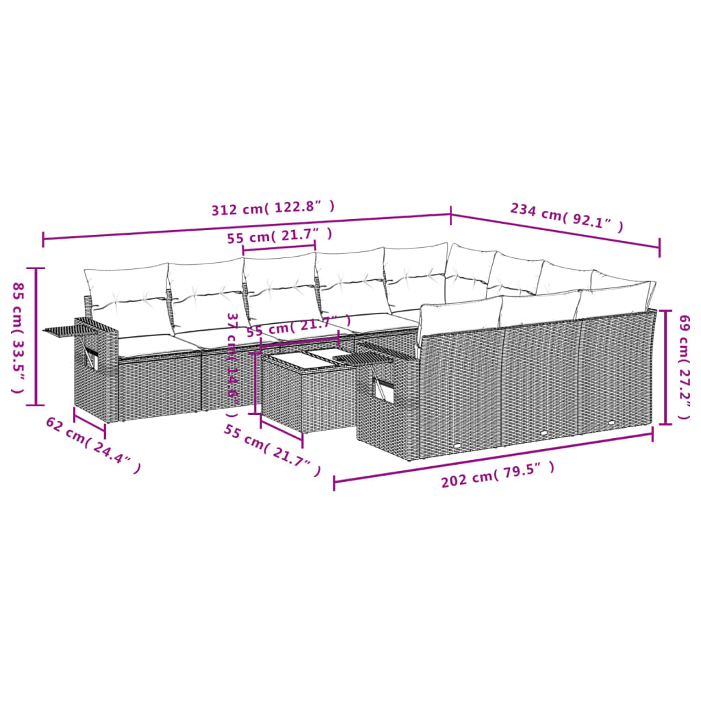 10-tlg. Garten-Sofagarnitur mit Kissen Schwarz Poly Rattan