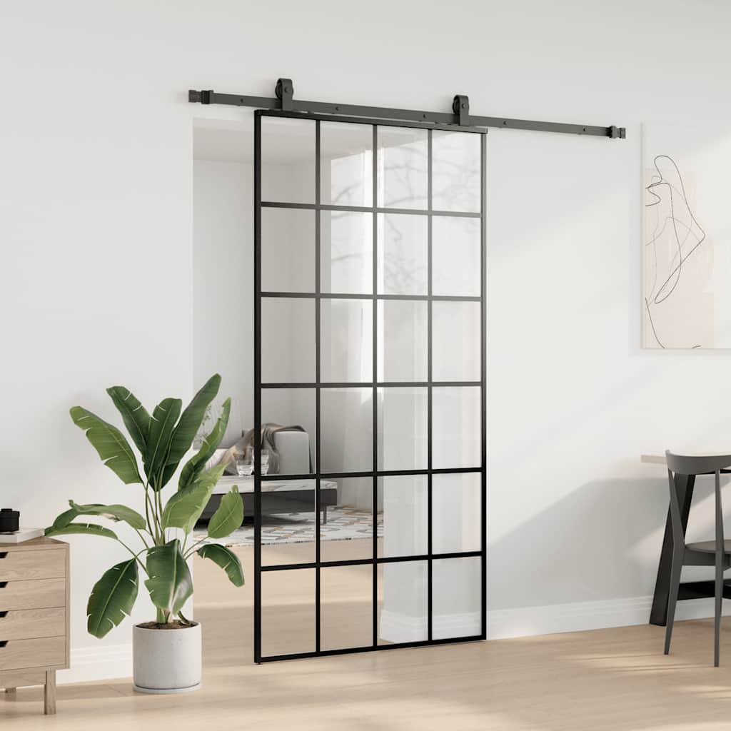 Schiebetür mit Beschlag Schwarz 76x205 cm ESG-Glas