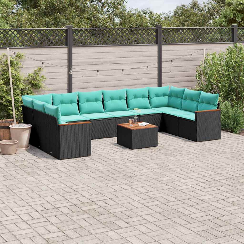 10-teiliges Gartensofa-Set mit Kissen, schwarzes Polyrattan