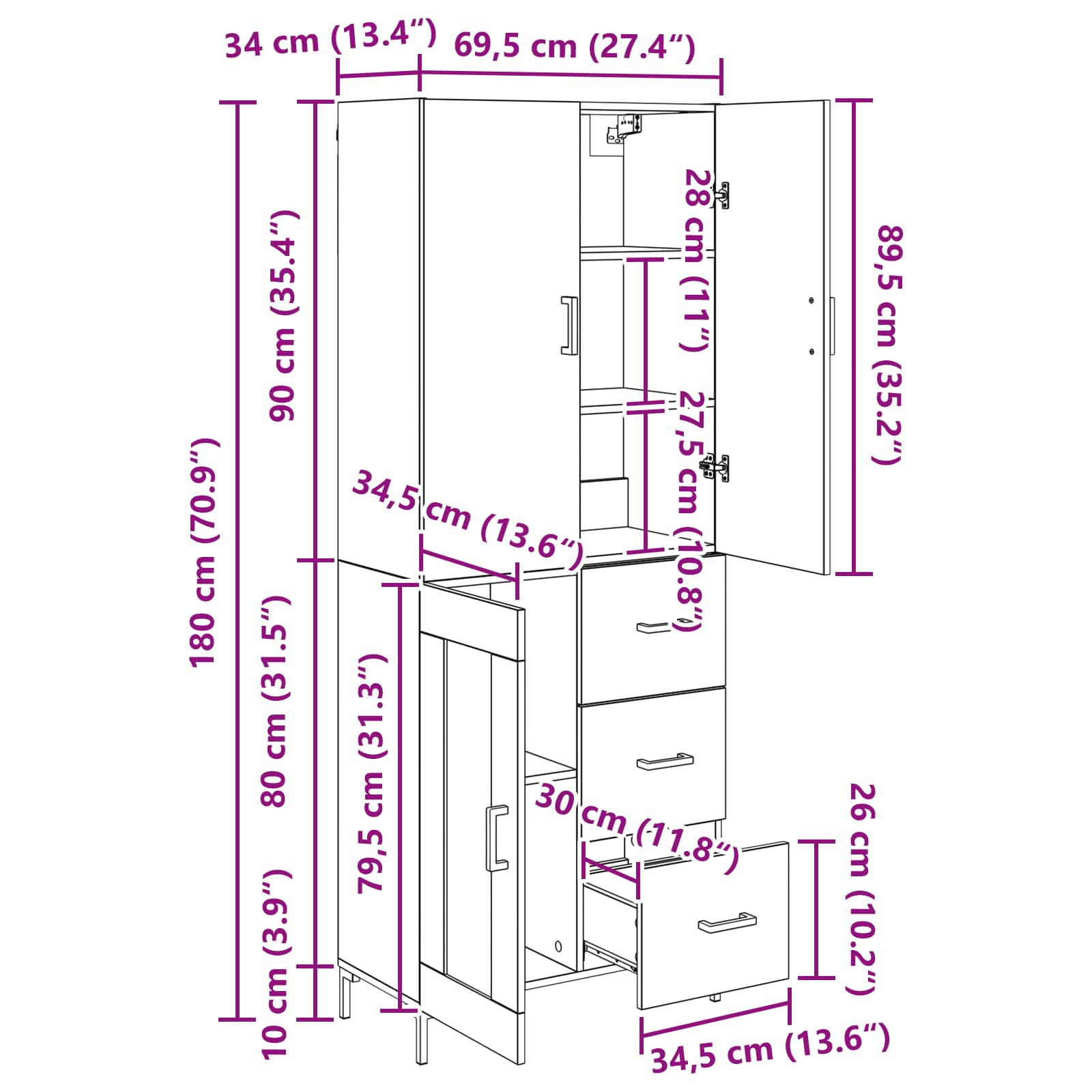 Highboard Betongrau 69,5x34x180 cm Holzwerkstoff