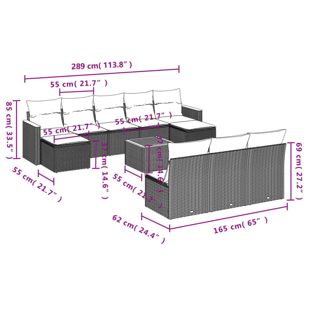 10-teiliges Gartensofa-Set mit Kissen, schwarzes Polyrattan
